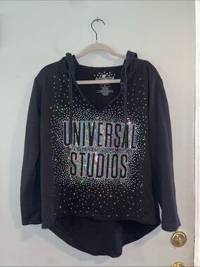 Universal Studios Women's Sequin Hoodie Long Sleeve Black V Neck Size S
